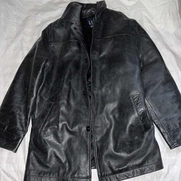 vintage GAP black leather CAR COAT quilted jacket Men Size Large